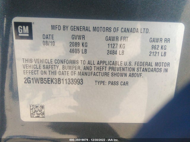 2011 CHEVROLET IMPALA LT RETAIL VIN: 2G1WB5EK3B1133993