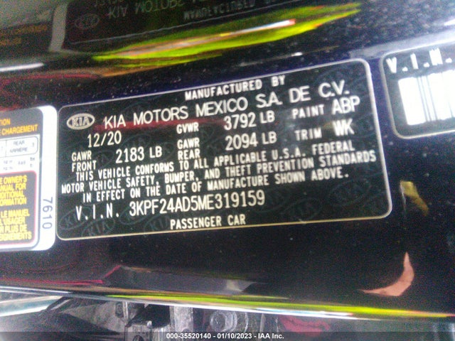 2021 KIA FORTE LXS VIN: 3KPF24AD5ME319159