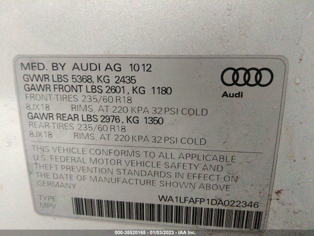 2013 AUDI Q5 PREMIUM PLUS VIN: WA1LFAFP1DA022346