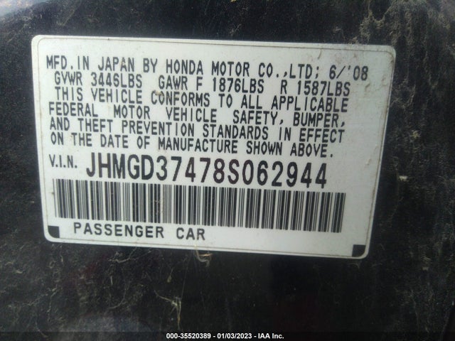 Aukcja sprzedaży 2008 Honda Fit, vin: JHMGD37478S062944, numer aukcji: 35520389