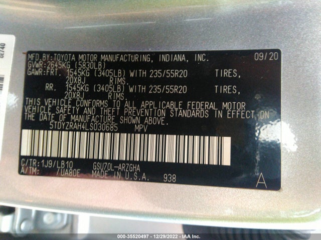 Toyota Highlander Limited 2020 5TDYZRAH4LS030685 Image 10
