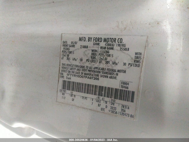 2007 FORD RANGER XL/STX/XLT VIN: 1FTYR10D07PA97266