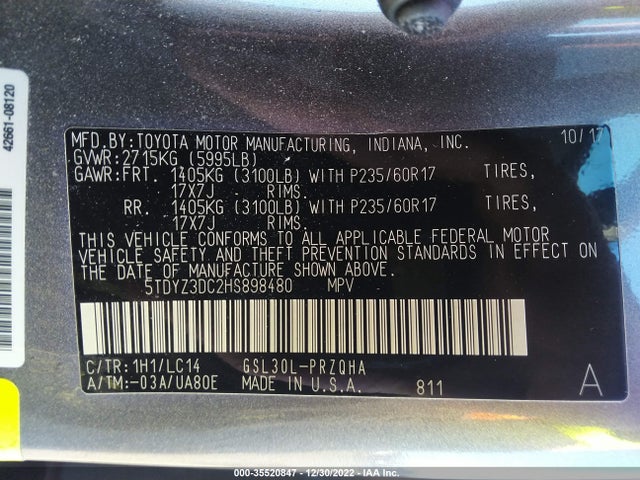 2017 Toyota Sienna, VIN: 5TDYZ3DC2HS898480