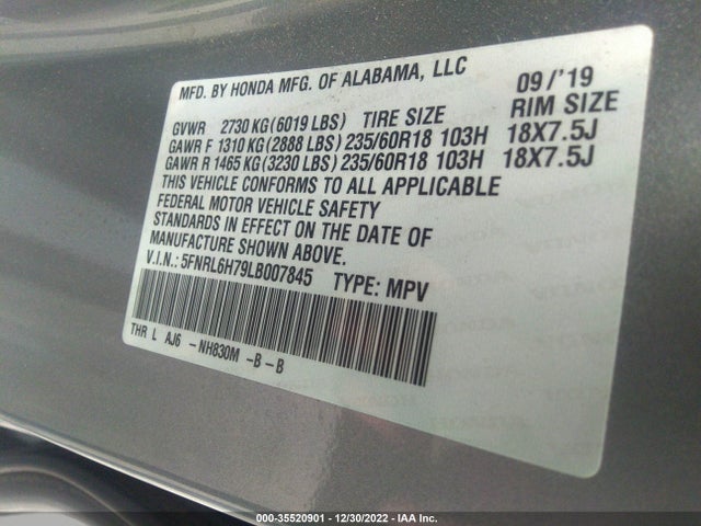2020 Honda Odyssey, VIN: 5FNRL6H79LB007845
