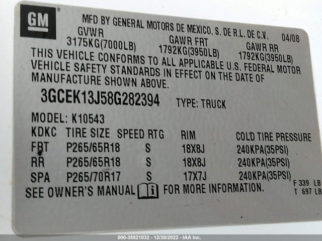2008 CHEVROLET SILVERADO 1500 LTZ VIN: 3GCEK13J58G282394