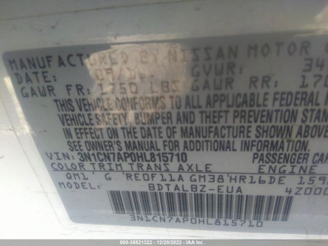 3N1CN7AP0HL815710 Nissan Versa Sedan S/s Plus/sl/sv