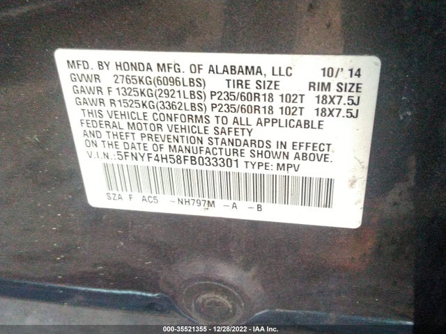 2015 Honda Pilot, VIN: 5FNYF4H58FB033301
