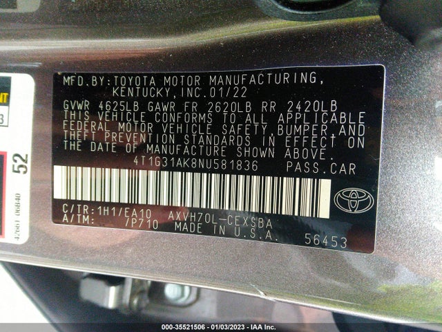 2022 Toyota Camry, VIN: 4T1G31AK8NU581836