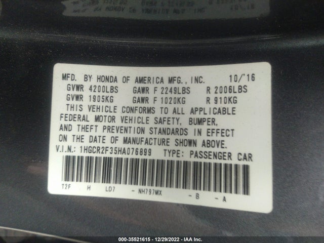 2017 HONDA ACCORD SEDAN LX VIN: 1HGCR2F35HA076899