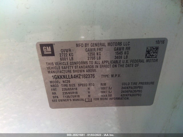 GMC ACADIA SLE 2017 1GKKNLLA4HZ182376 Image 10