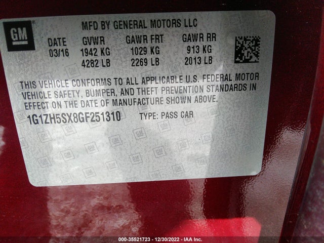 2016 Chevrolet Malibu, VIN: 1G1ZH5SX8GF251310