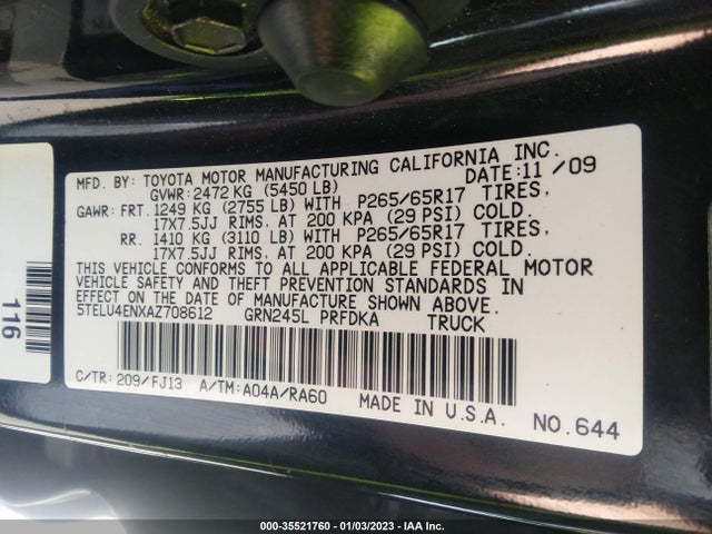 2010 TOYOTA TACOMA VIN: 5TELU4ENXAZ708612