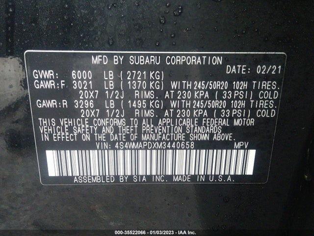 Subaru Ascent Limited 2021 4S4WMAPDXM3440658 Image 9