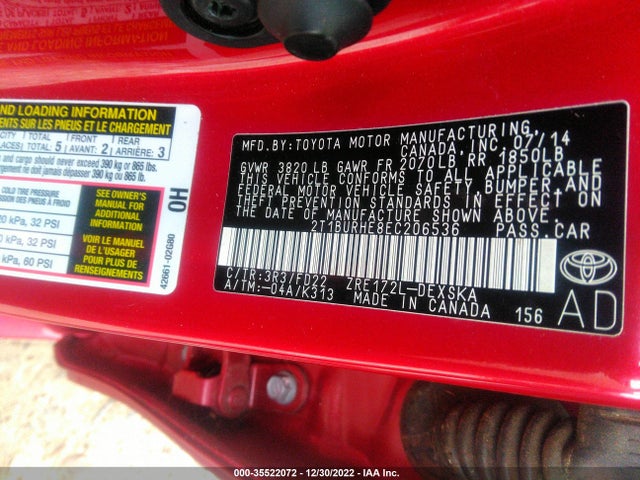 2014 TOYOTA COROLLA L/LE/S/S PLUS/LE PLUS VIN: 2T1BURHE8EC206536