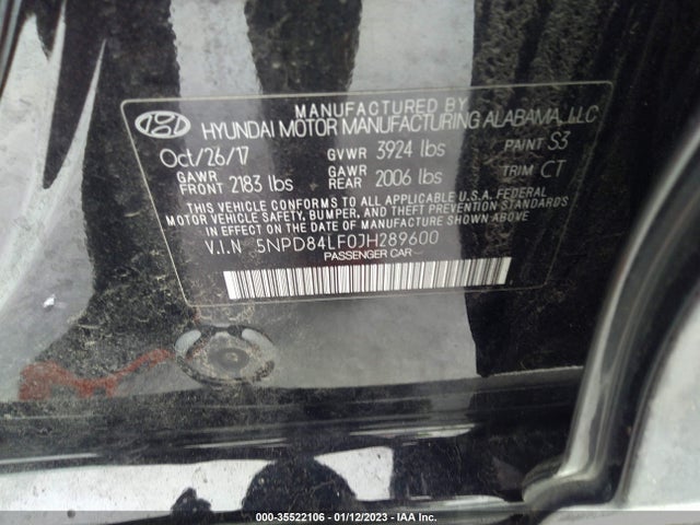 2018 HYUNDAI ELANTRA SEL VIN: 5NPD84LF0JH289600