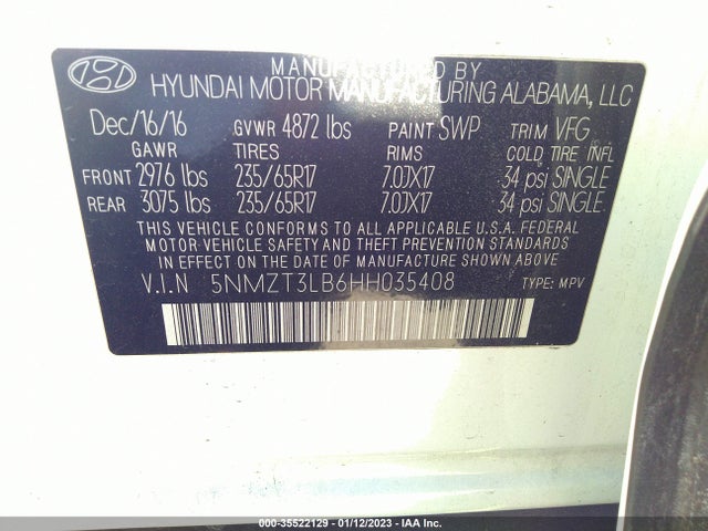 2017 Hyundai Santa Fe, VIN: 5NMZT3LB6HH035408