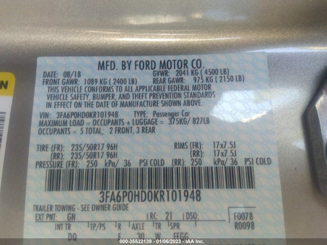 2019 Ford Fusion, VIN: 3FA6P0HD0KR101948