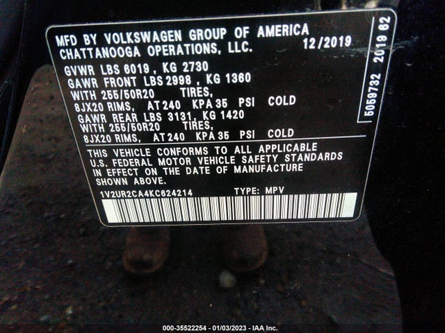 1V2UR2CA4KC624214 Volkswagen Atlas 3.6l V6 Se W/technology