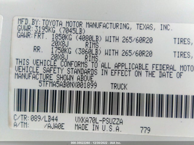 2022 Toyota Tundra, VIN: 5TFMA5AB0NX001899