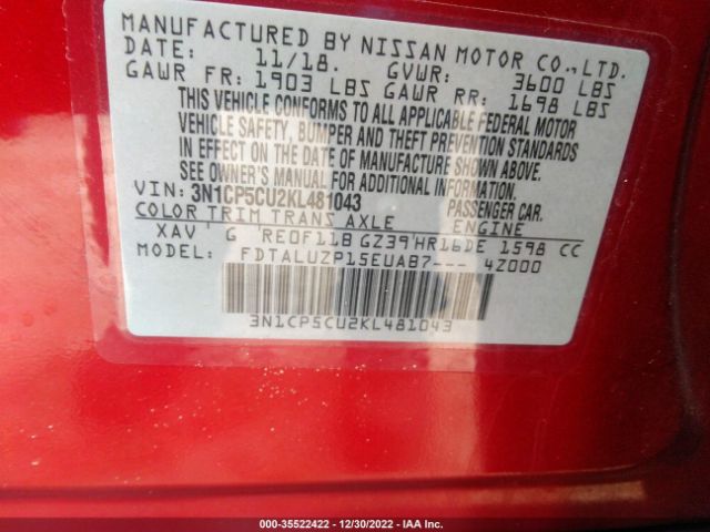 3N1CP5CU2KL481043 Nissan KICKS SR