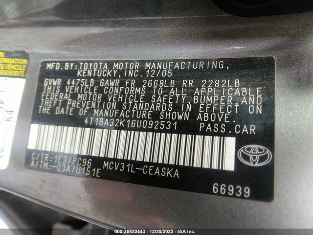 2006 TOYOTA CAMRY SE V6 VIN: 4T1BA32K16U092531