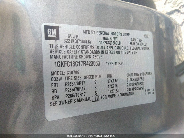 GMC YUKON SLE 2007 1GKFC13C17R423063 Image 10