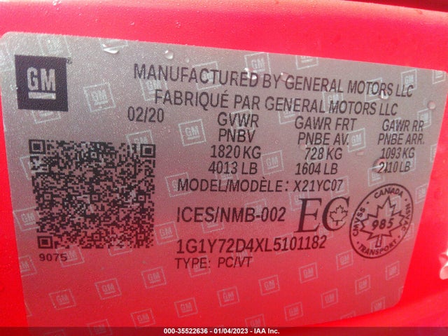 2020 Chevrolet Corvette, VIN: 1G1Y72D4XL5101182