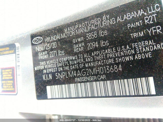 2021 HYUNDAI ELANTRA SEL VIN: 5NPLM4AG2MH013684