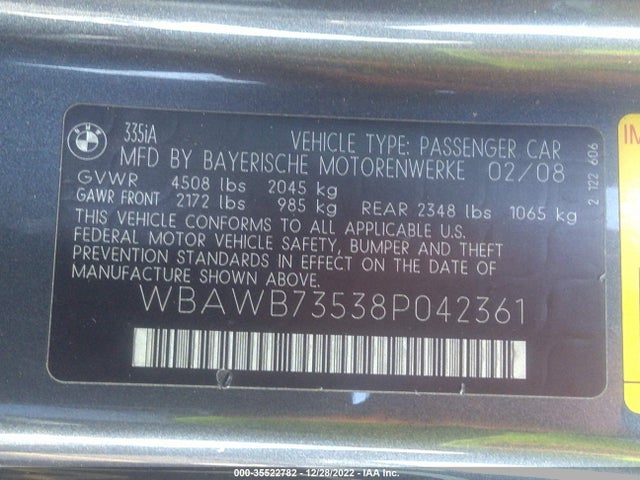 Aukcja sprzedaży 2008 Bmw 3 Series 335i, vin: WBAWB73538P042361, numer aukcji: 35522782