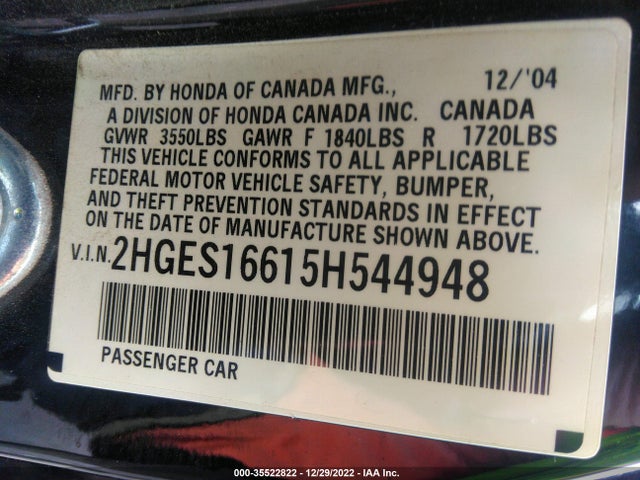 2005 HONDA CIVIC SDN LX SSRS VIN: 2HGES16615H544948