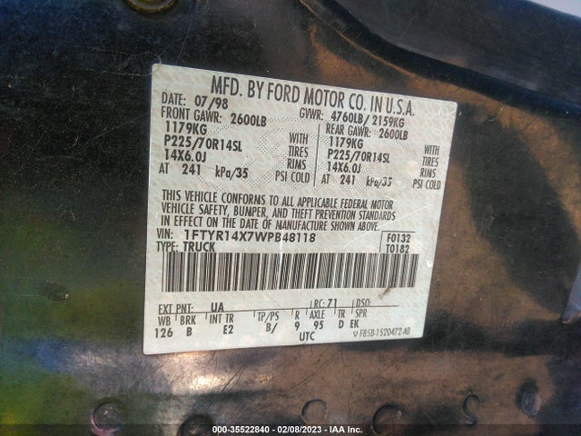 1998 FORD RANGER XL/XLT/SPLASH VIN: 1FTYR14X7WPB48118