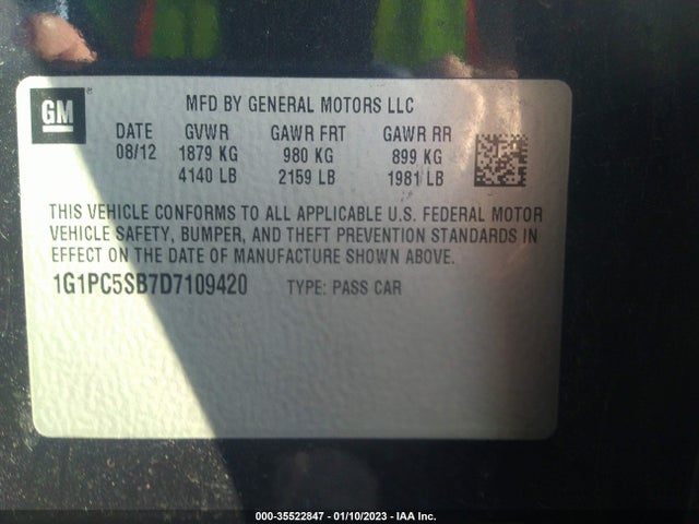 2013 CHEVROLET CRUZE 1LT VIN: 1G1PC5SB7D7109420