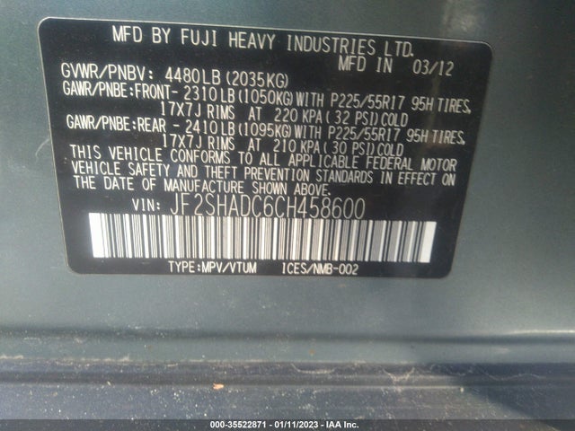 2012 SUBARU FORESTER 2.5X PREMIUM VIN: JF2SHADC6CH458600