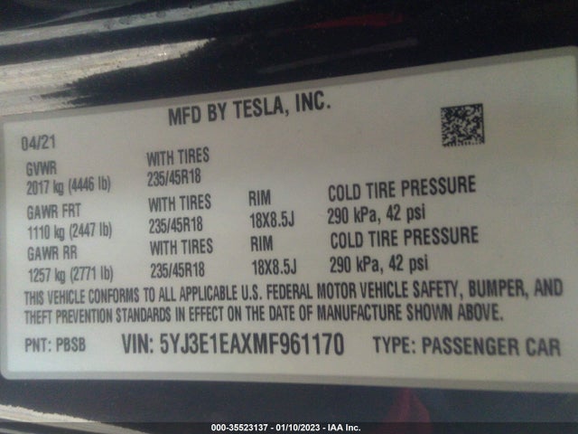Tesla Model 3 Standard Range Plus 2021 5YJ3E1EAXMF961170 Image 14