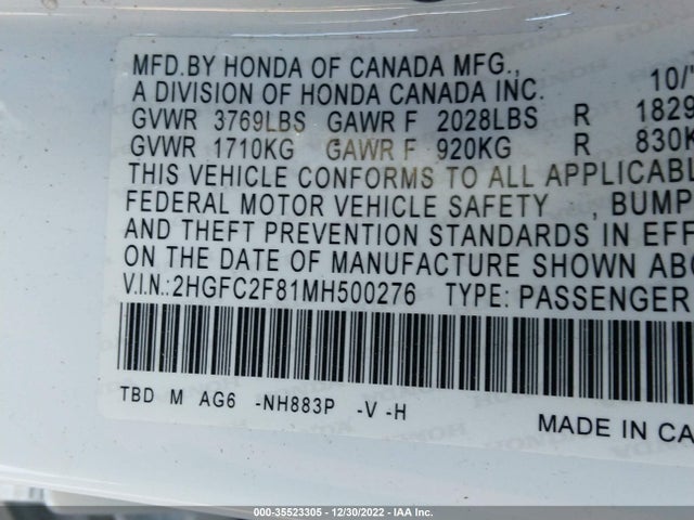 2021 Honda Civic, VIN: 2HGFC2F81MH500276