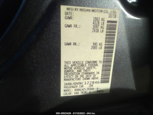 1N4BL4DV0KC122846 Nissan Altima 2.5 Sv