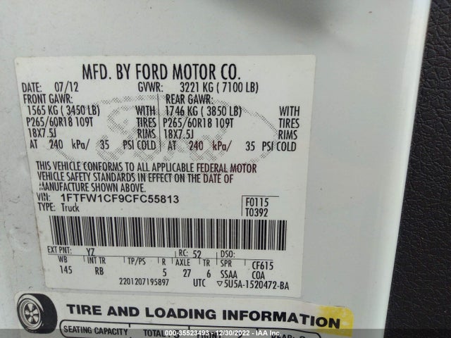 2012 FORD F-150 XL/XLT/FX2/LARIAT VIN: 1FTFW1CF9CFC55813