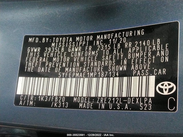 2021 Toyota Corolla, VIN: 5YFEPMAE1MP187134