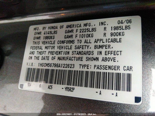 2006 HONDA ACCORD SDN EX/EX-L WITH NAVI VIN: 1HGCM56796A122623