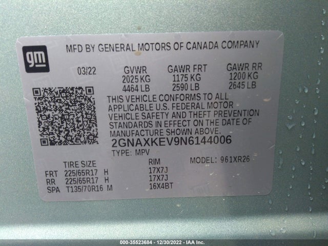 Chevrolet EQUINOX LT 2022 2GNAXKEV9N6144006 Image 9