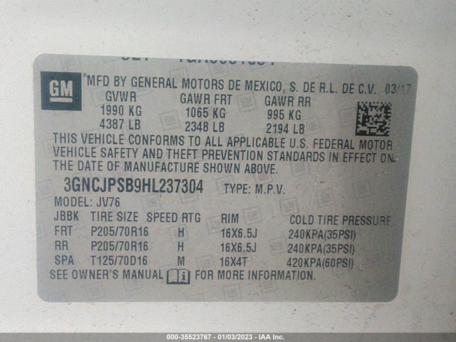 2017 Chevrolet Trax, VIN: 3GNCJPSB9HL237304