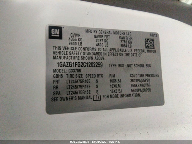 2012 CHEVROLET EXPRESS PASSENGER 1LT VIN: 1GAZG1FG2C1202259