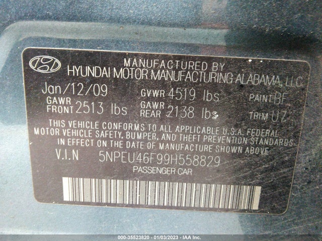 2009 HYUNDAI SONATA LIMITED VIN: 5NPEU46F99H558829