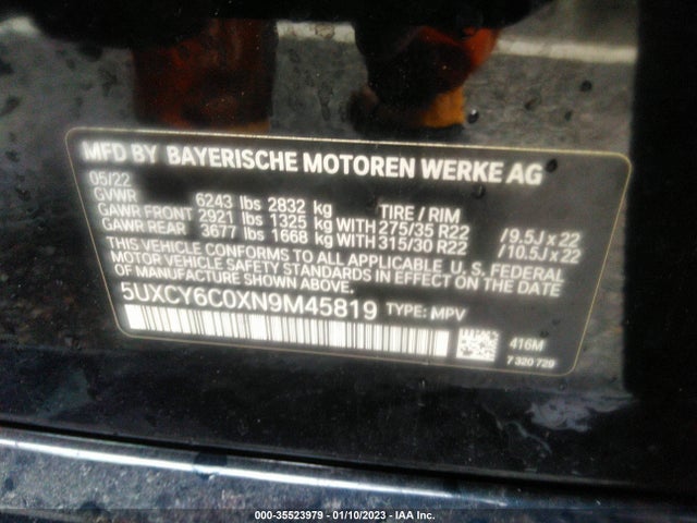 2022 BMW X6, VIN: 5UXCY6C0XN9M45819