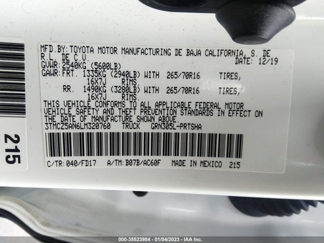 2020 TOYOTA TACOMA 4WD TRD OFF ROAD VIN: 3TMCZ5AN6LM320760