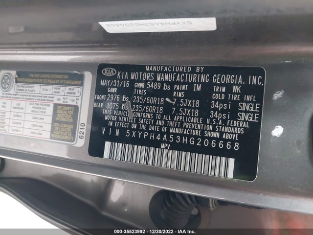 2017 Kia Sorento, VIN: 5XYPH4A53HG206668