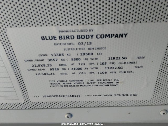 2016 BLUE BIRD SCHOOL BUS / TRANSIT BUS VIN: 1BAKGCPA2GF318126