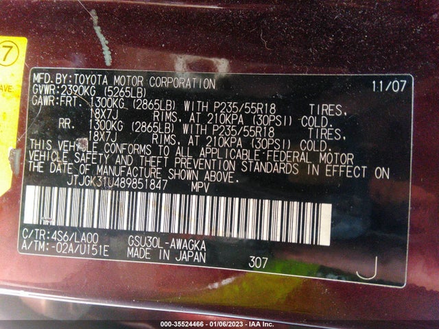 Lexus RX 350 2008 JTJGK31U489851847 Image 11