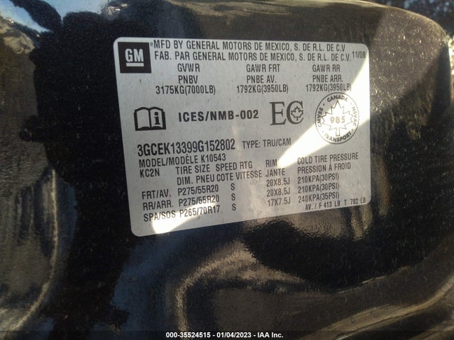 2009 CHEVROLET SILVERADO 1500 WORK TRUCK/LTZ VIN: 3GCEK13399G152802