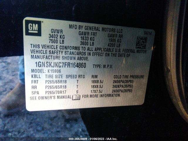 2015 Chevrolet Suburban, VIN: 1GNSKJKC7FR164860